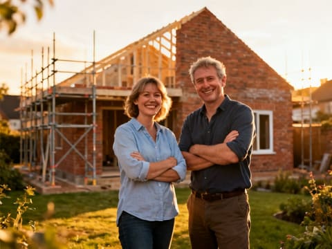 A relieved couple in front of their extension
