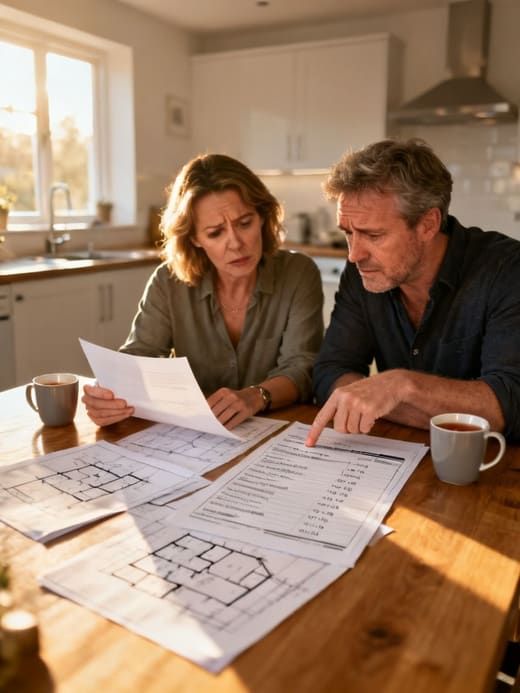 A couple reviewing their builder's quote at the kitchen table