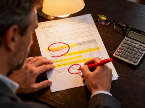A builder's quote being marked up line by line with a red pen